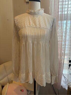Ann Taylor Ivory Sheer Ruffle High Neck Blouse XS